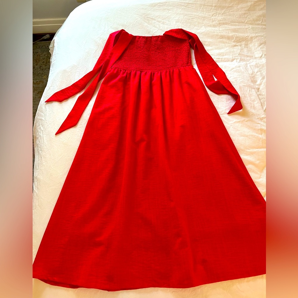 Listide Red Smocked Midi Dress with Shoulder Ties, Size Medium